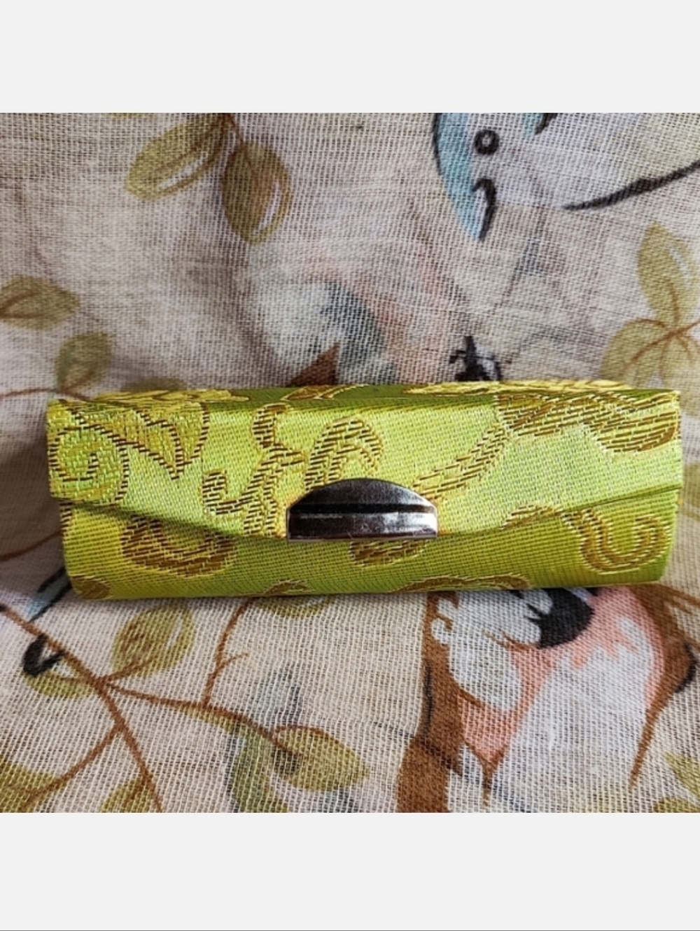 Chartreuse Silk Brocade Red Lined Mirrored Lipstick Chap Stick Case Holder
